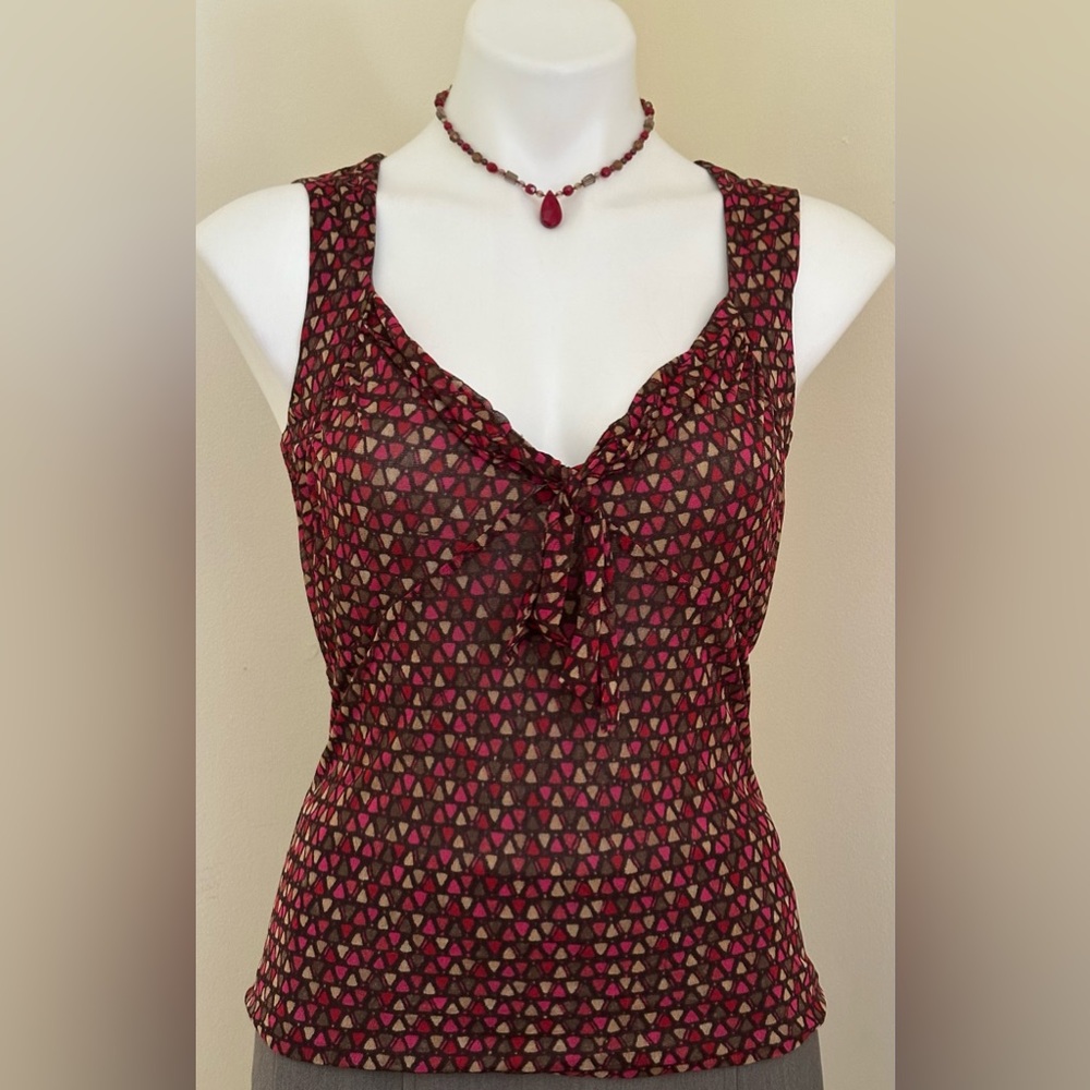 SIGRID OLSEN Red Pink Tan Brown Geometric Print V Neck Tie In Front Blouse Sz M